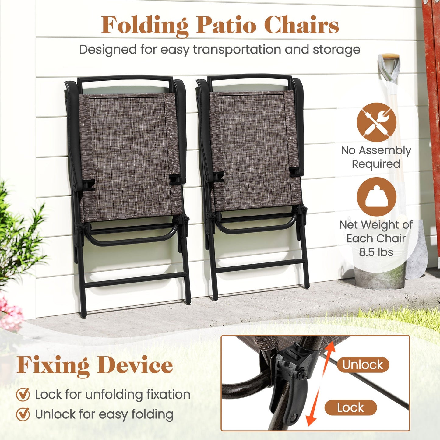 3 Pieces Patio Round Table and Folding Chairs Set with Rippled Tempered Glass Tabletop