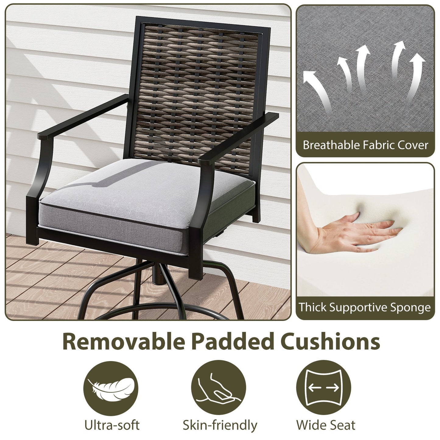 Outdoor PE Wicker Swivel Bar Stools Set of 2 Counter Height Patio Chairs with Back-Grey