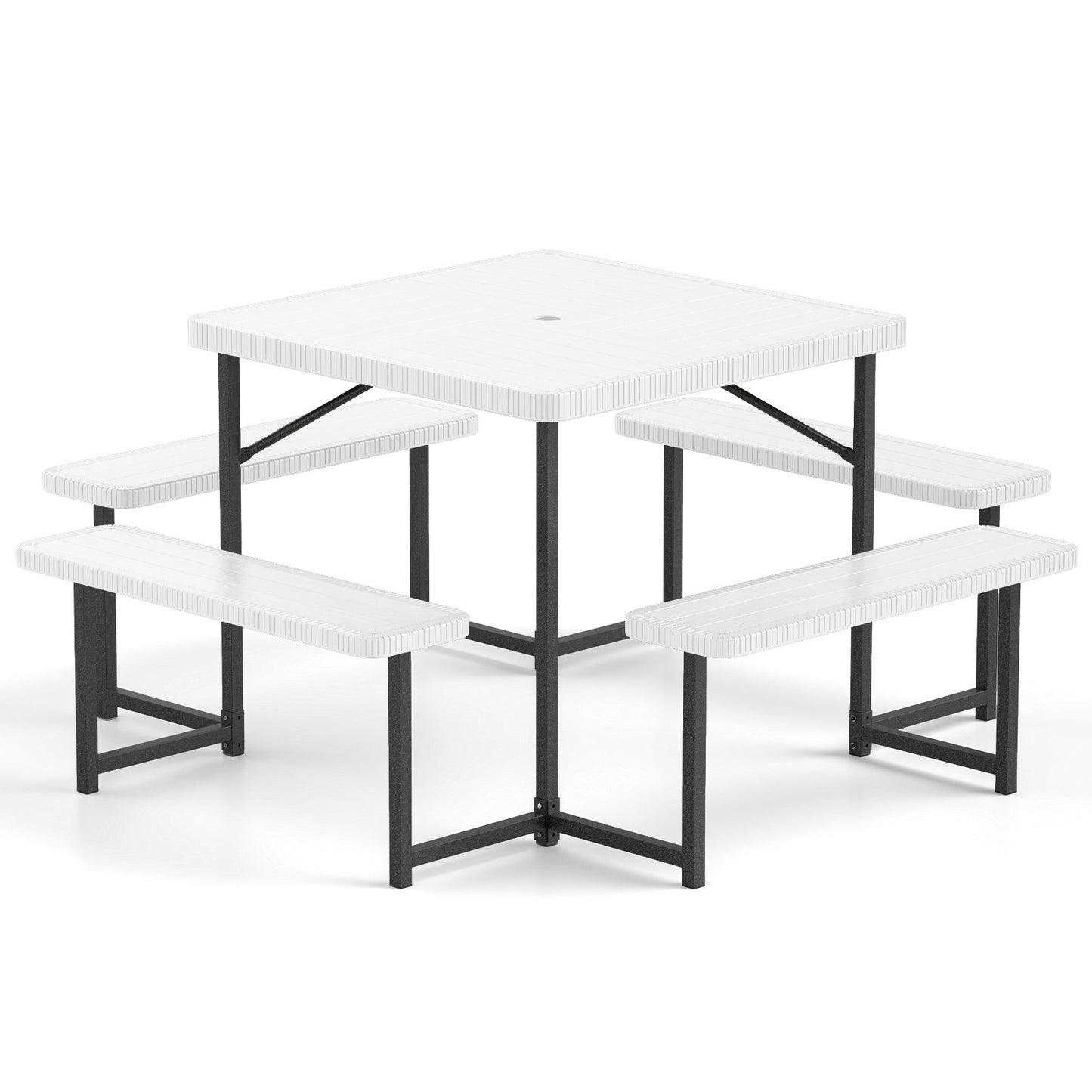 Outdoor Square Picnic Table Bench Set for 4-8 People with Umbrella Hole