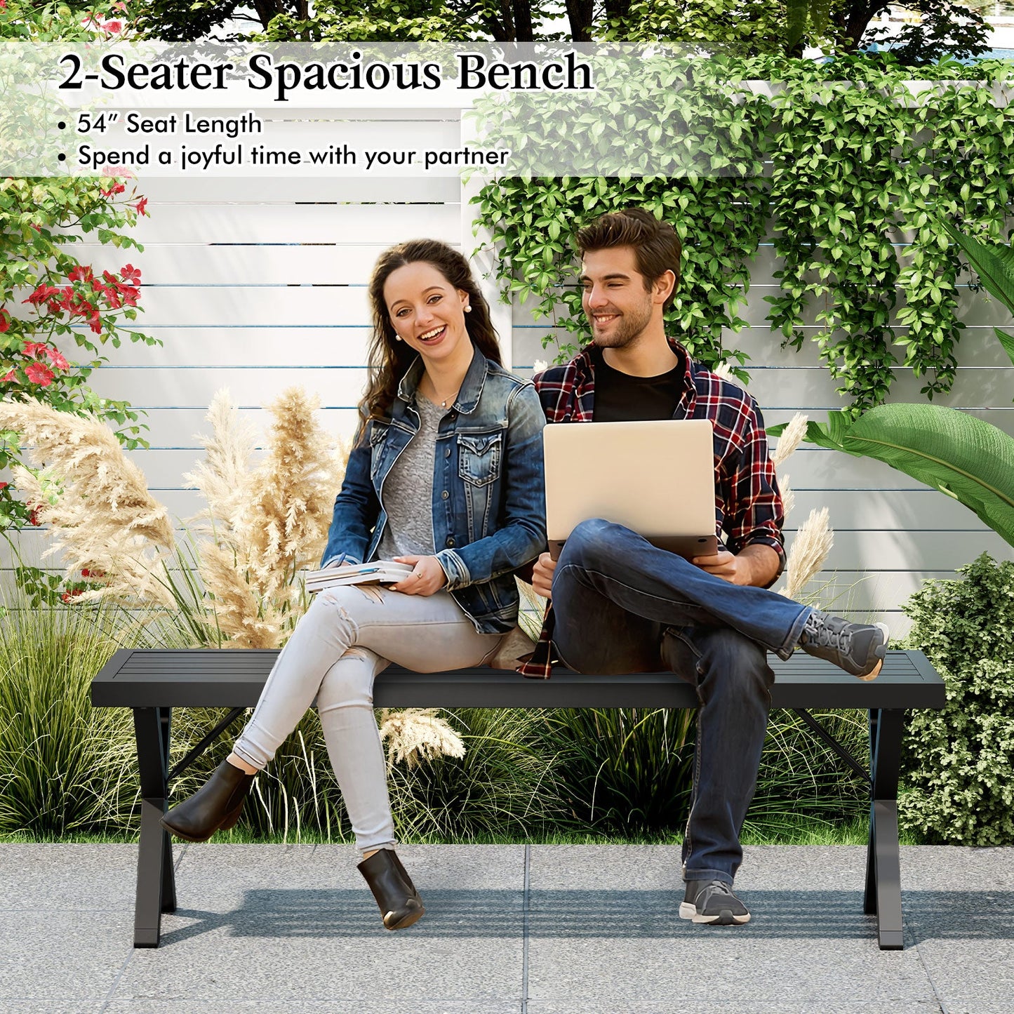 Patio Metal Bench with Slatted Seat and X Legs
