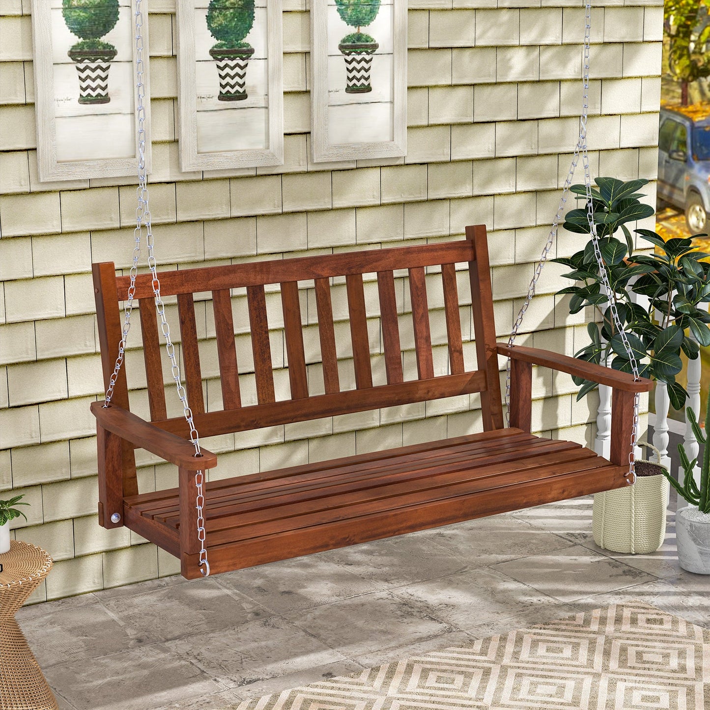 2-Person Wooden Outdoor Porch Swing with 500 lbs Weight Capacity