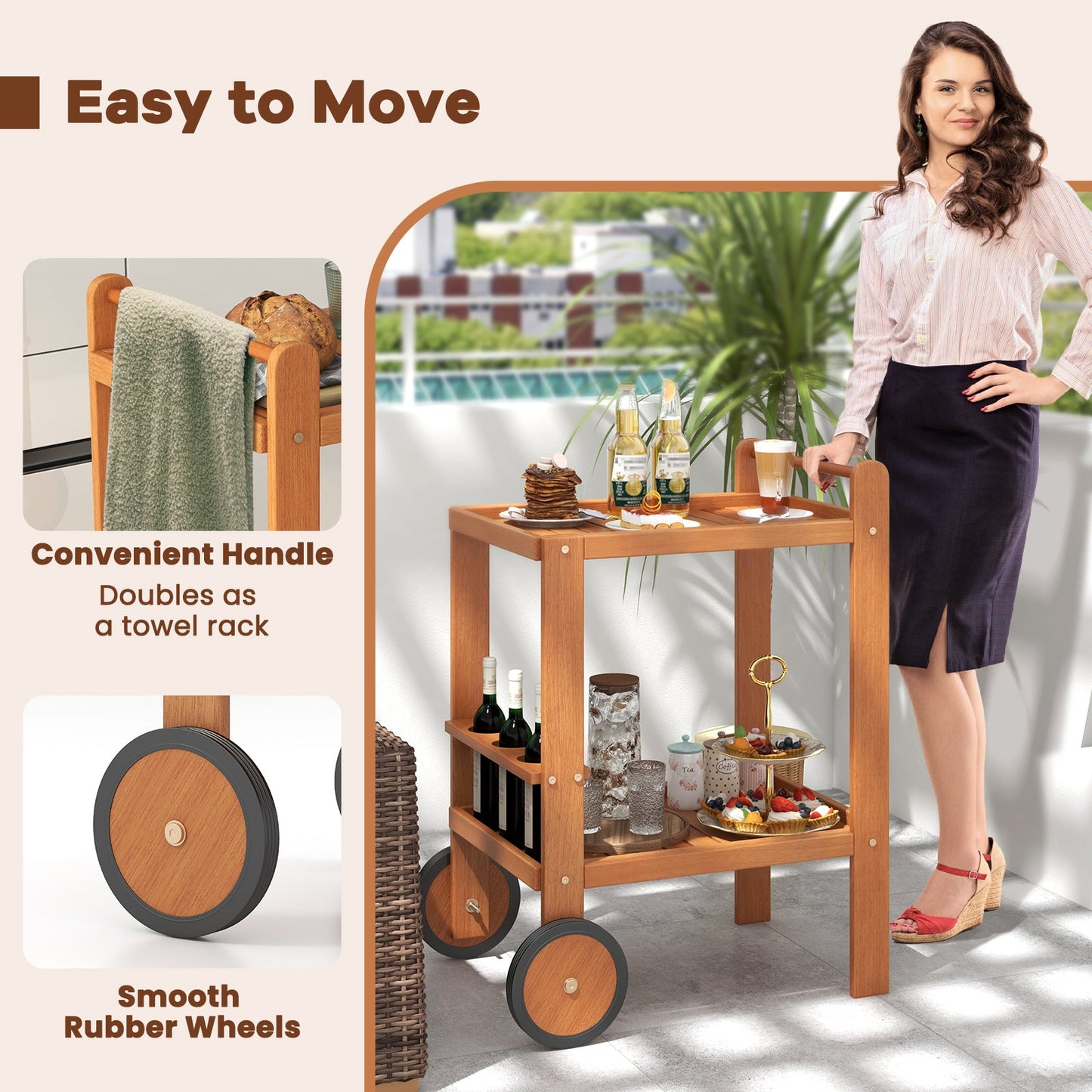2 Tier Rolling Serving Cart with Wine Bottle Holders and 2 Rubber Wheels