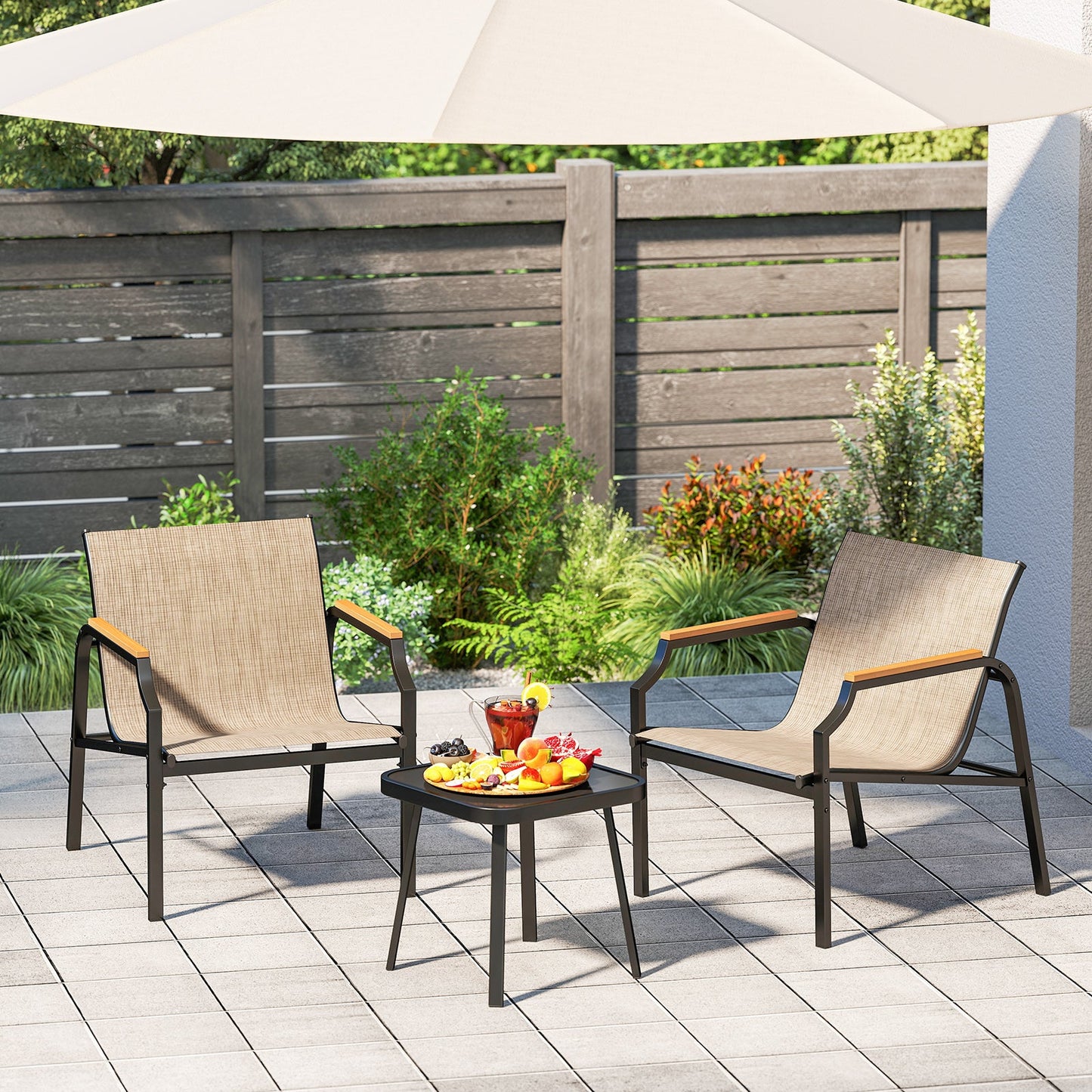 3 Piece Outdoor Chair Set with Breathable Fabric Seat and Armrests-Brown