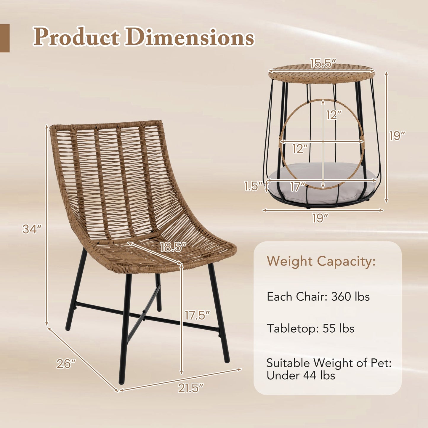 3 Piece Outdoor Furniture Set with Pet Housefor Patio Yard-Brown