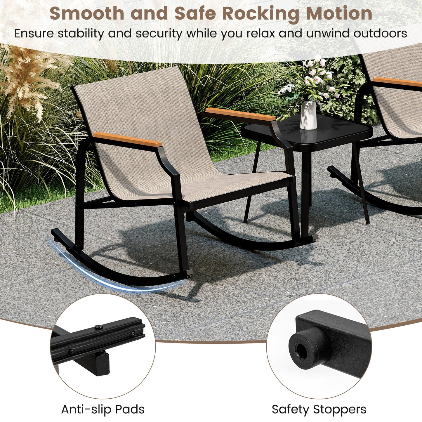 3 Piece Patio Rocking Bistro Set with Tempered Glass Coffee Table and Armrests for Porch-Brown