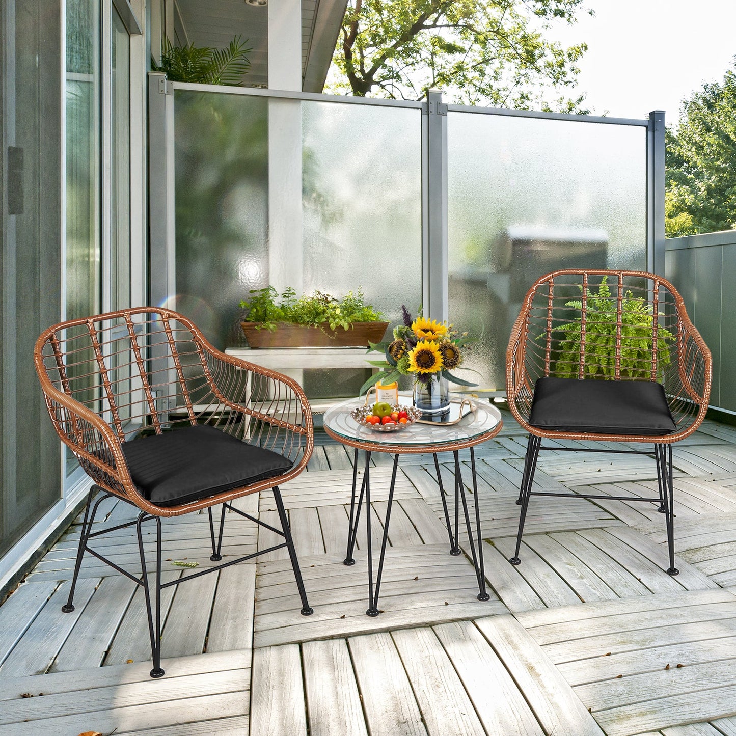 3 Pieces Patio Rattan Bistro Set with Cushion