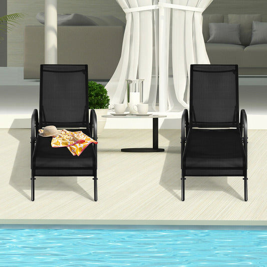 2 Pcs Outdoor Patio Lounge Chair Chaise Fabric with Adjustable Reclining Armrest-Brown