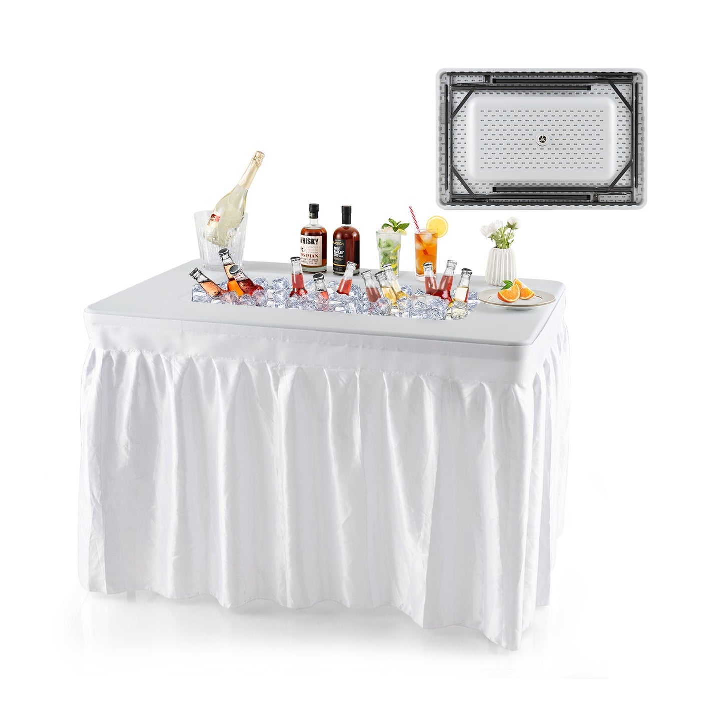 4 Feet Folding Ice Bin Table with Skirt for Camping Picnic Wedding with Ice Bucket-White