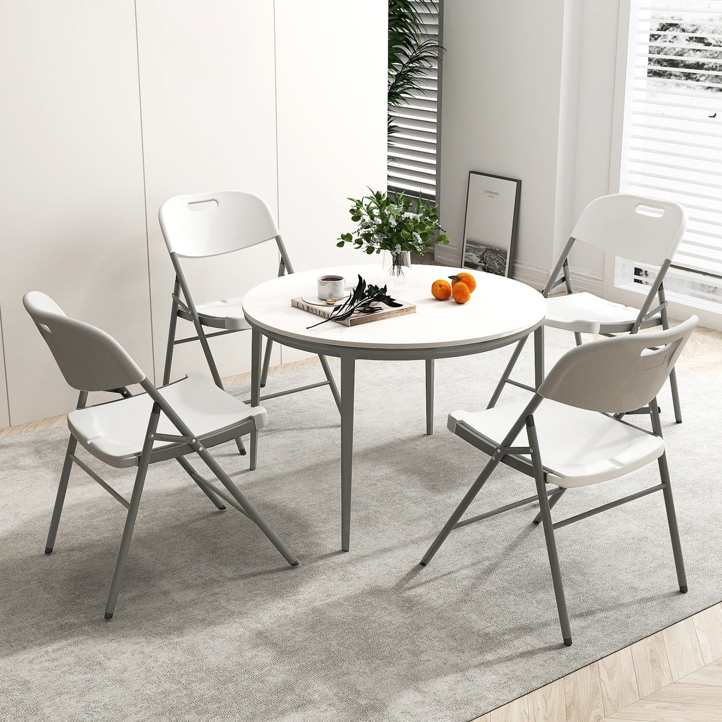 4 Pack Folding Stackable Chairs with Metal Frame and Carrying Handle-White