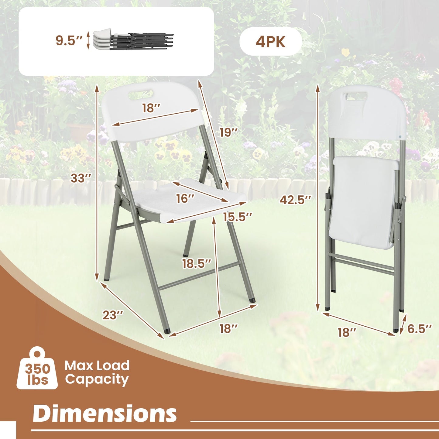 4 Pack Folding Stackable Chairs with Metal Frame and Carrying Handle-White