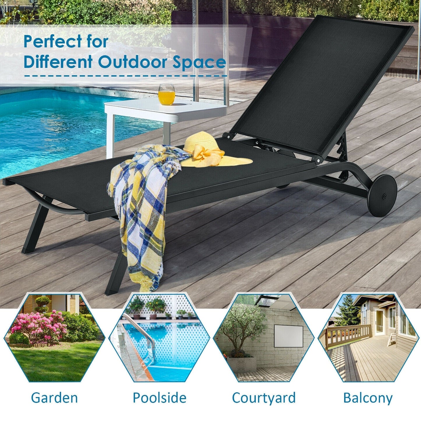 Aluminum Fabric Outdoor Patio Lounge Chair with Adjustable Reclining