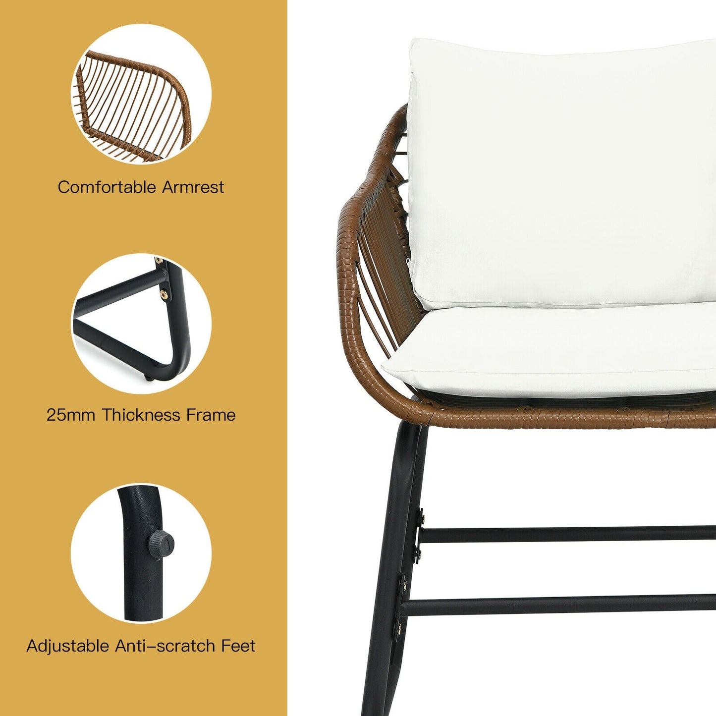 3 Pieces Patio Rattan Bistro Set Cushioned Chair Glass Table Deck