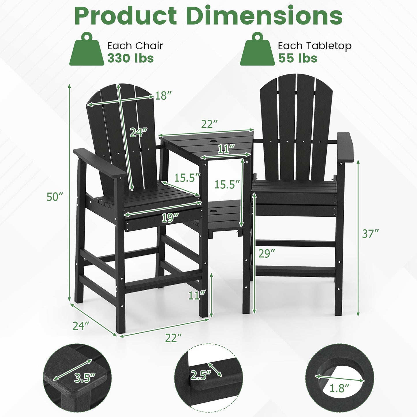 2-Seat Adirondack Chair All-Weather Adirondack Chair with Double Connecting Tray
