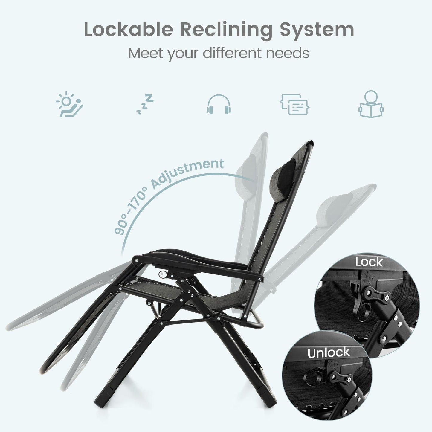 Adjustable Metal Zero Gravity Lounge Chair with Removable Cushion and Cup Holder Tray