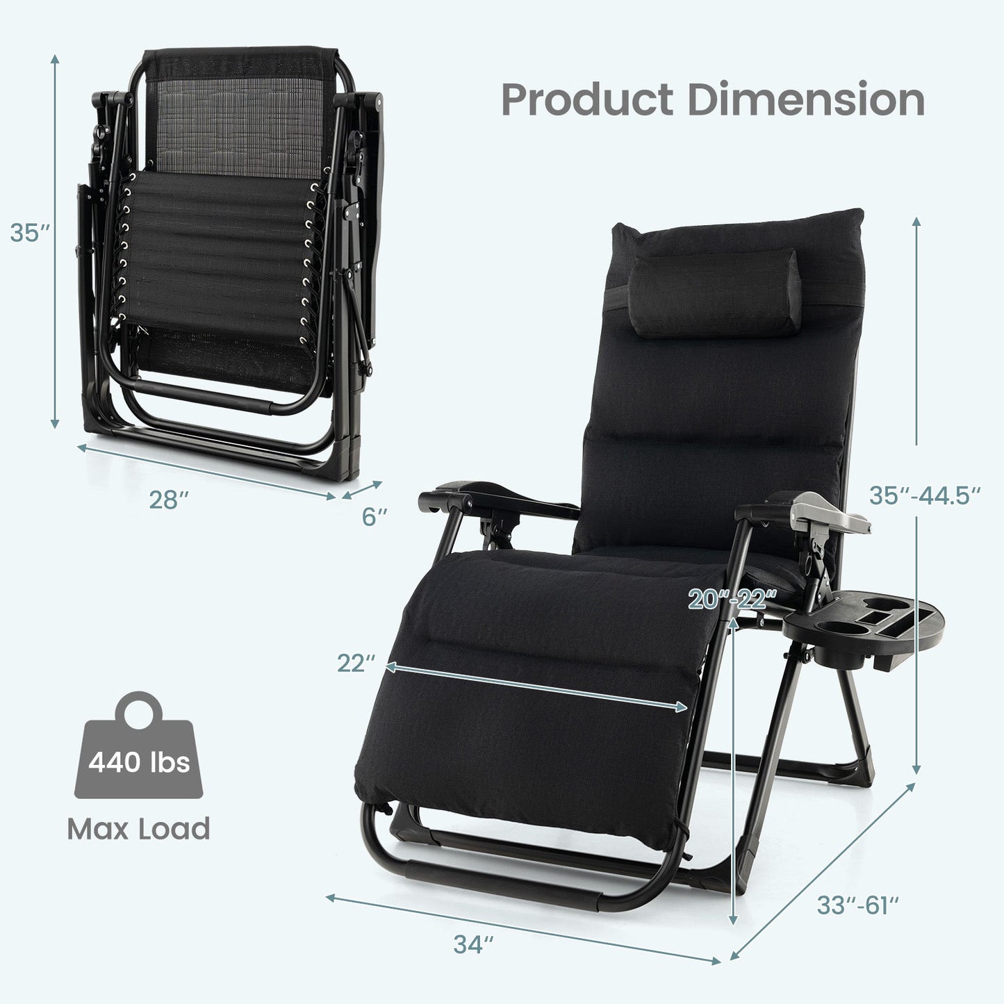 Adjustable Metal Zero Gravity Lounge Chair with Removable Cushion and Cup Holder Tray