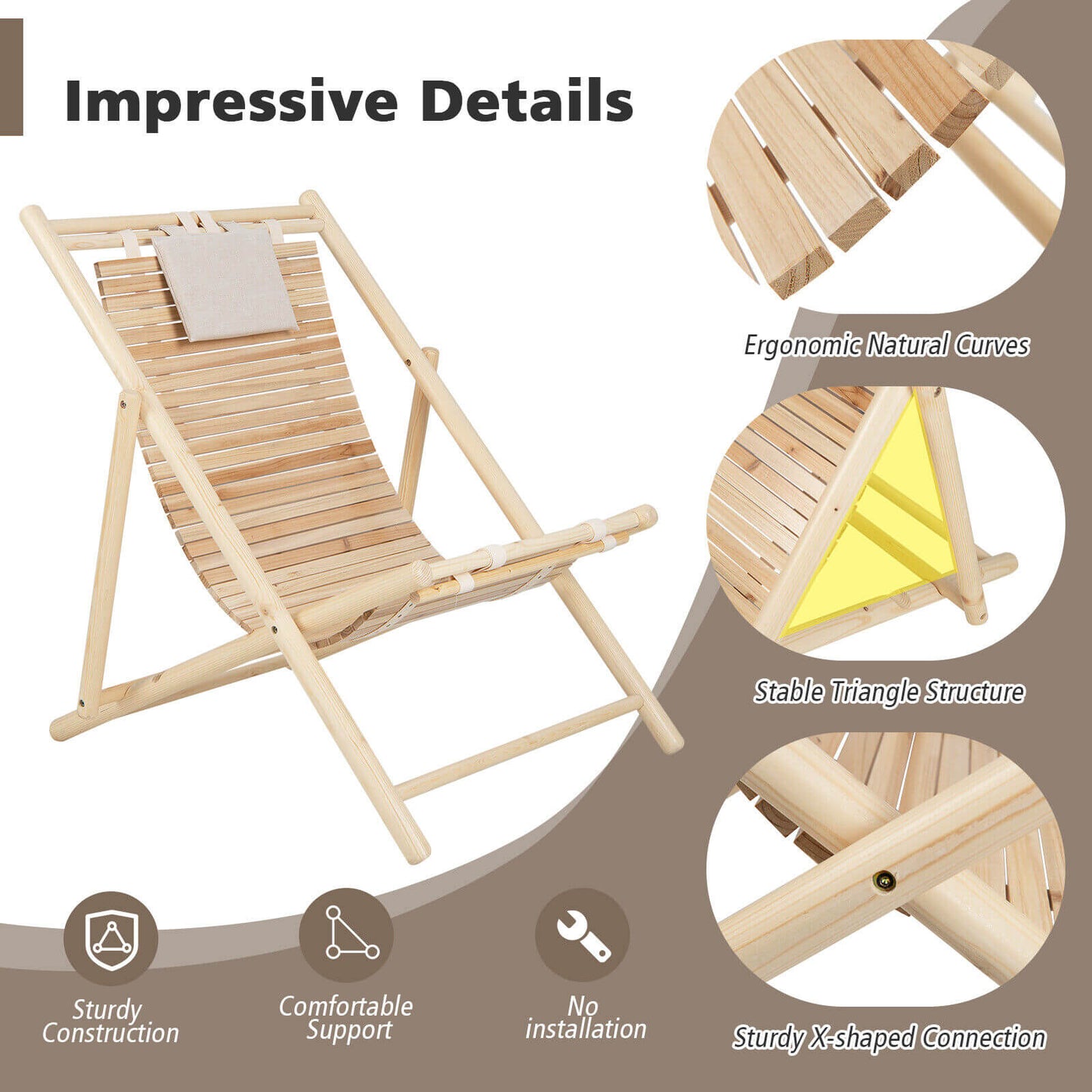 Solid Fir Wood Lounge Chair with 3-Level Adjustable Backrest and Soft Padded Headrest-Natural