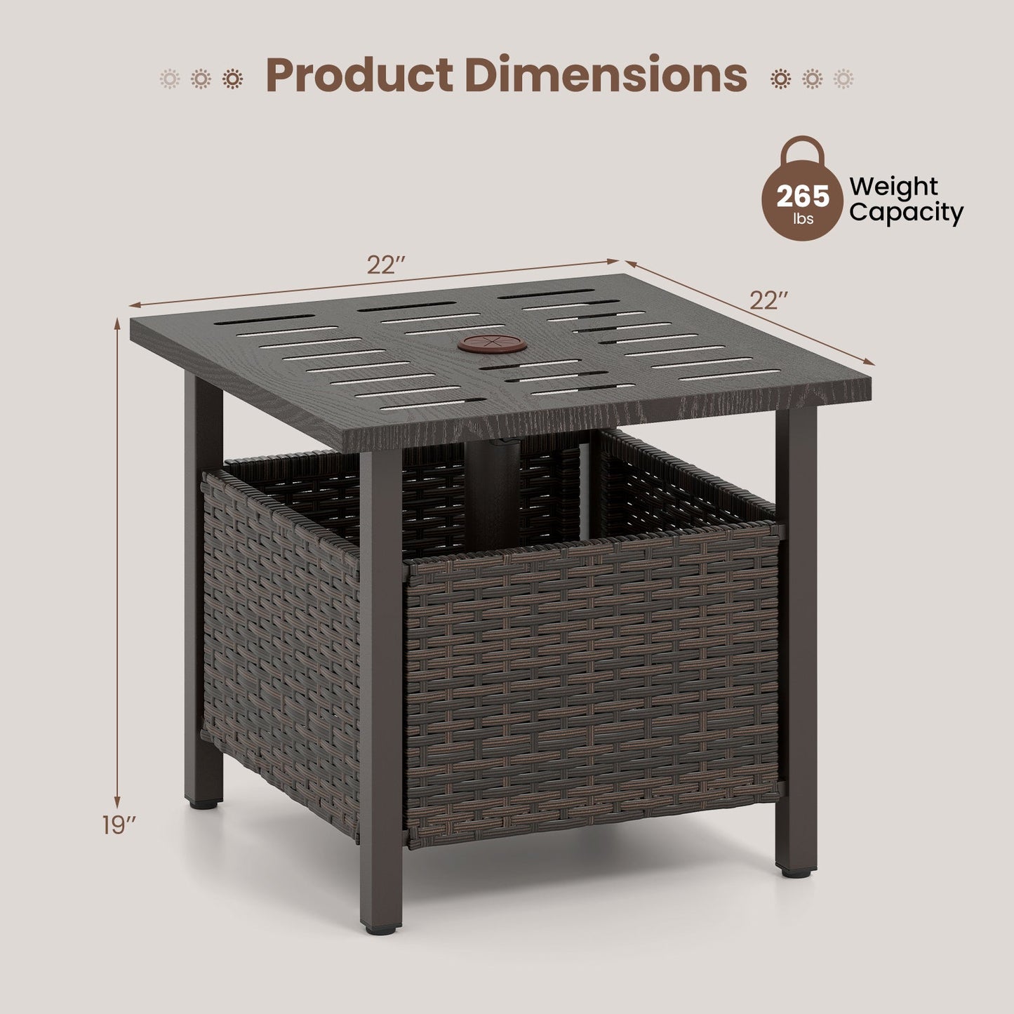 Outdoor Side Table All-Weather PE Wicker Patio Table with Umbrella Hole-Brown