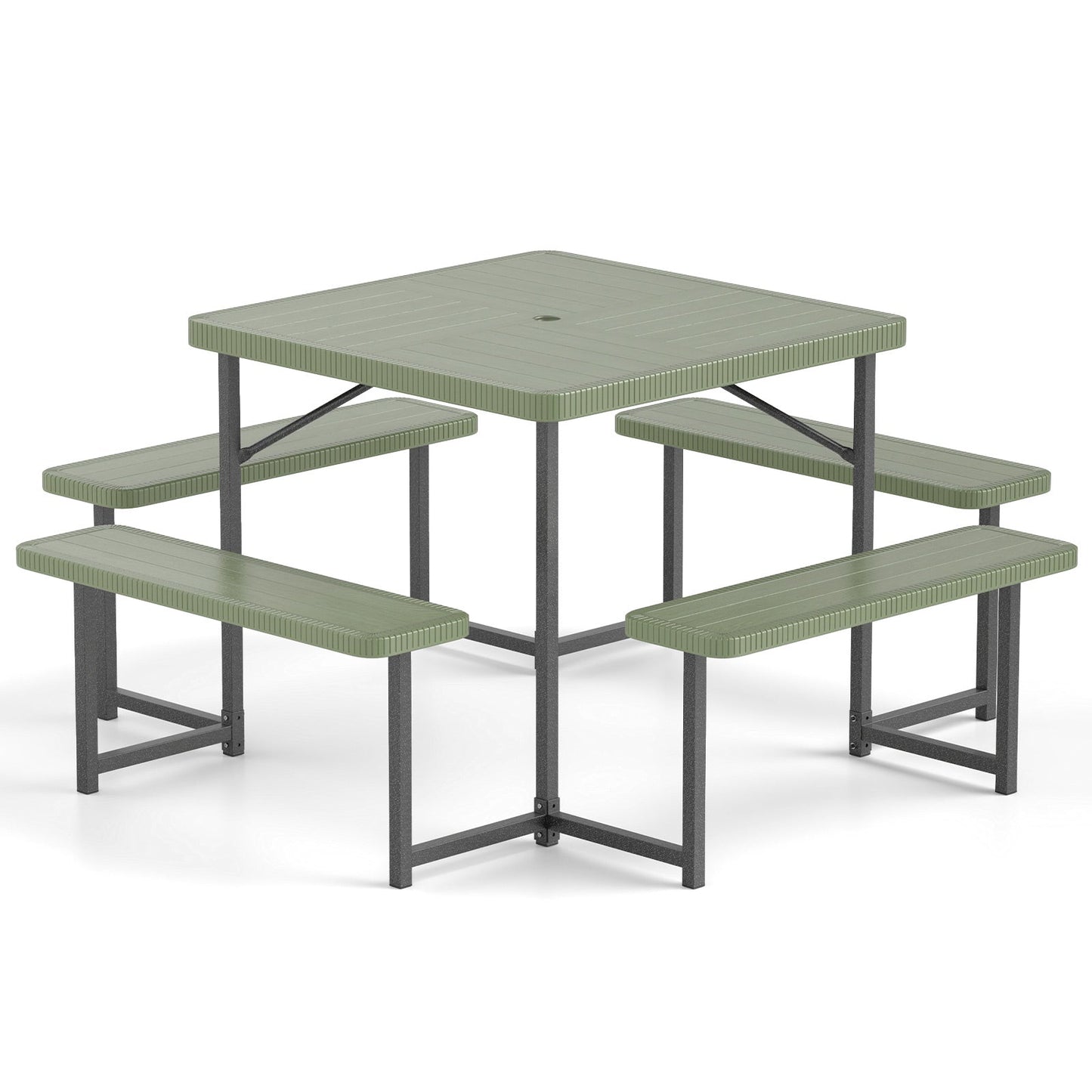 Outdoor Square Picnic Table Bench Set for 4-8 People with Umbrella Hole