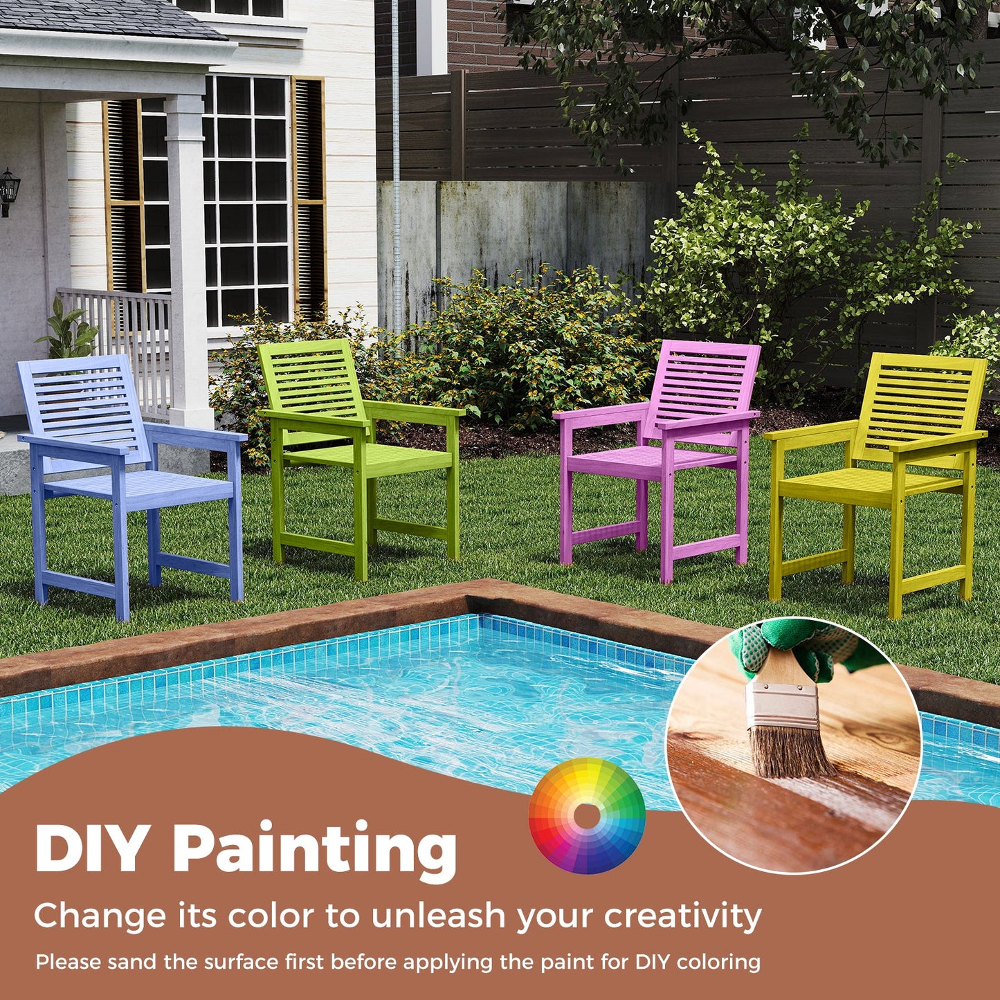 Patio Chairs Set of 2 with Inclined Backrests and Slatted Seats