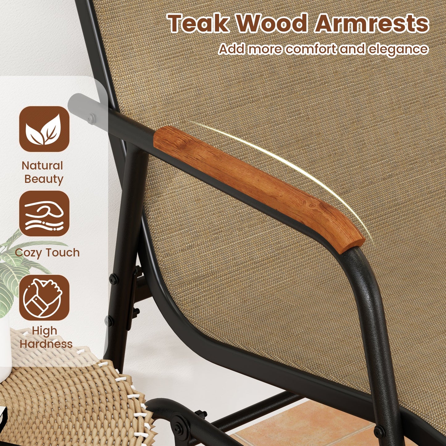 Patio Glider Chair Set of 2 with Curved Teak Armrests and Breathable Fabric Seat-Brown