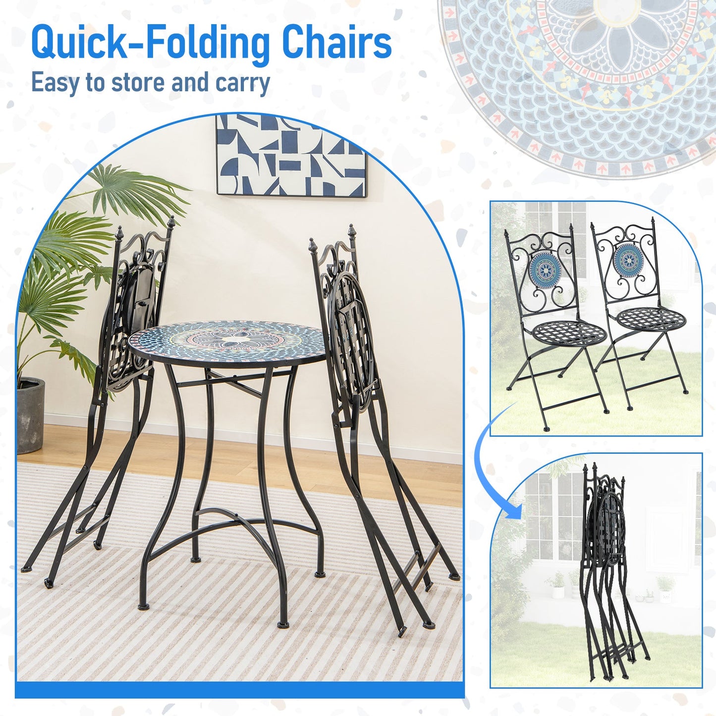 Set of 2 Mosaic Chairs for Patio Metal Folding Chairs