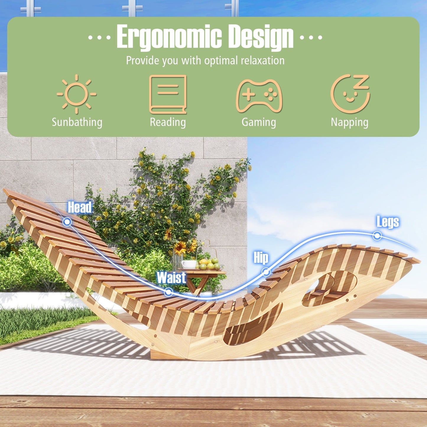 Slatted Acacia 2-Seat Patio Dual Rocker Sunbed Wood Lounger with Ergonomic Curved Seat