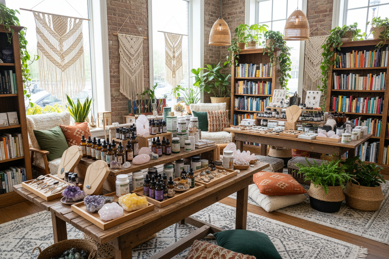 Boho Inspired Wellness Bookstore with tables of apothecary items, essential oils, tinctures, vitamins, pretty crystals, and crystal jewelry, and wellness books in the background, a happy welcoming place of healing.