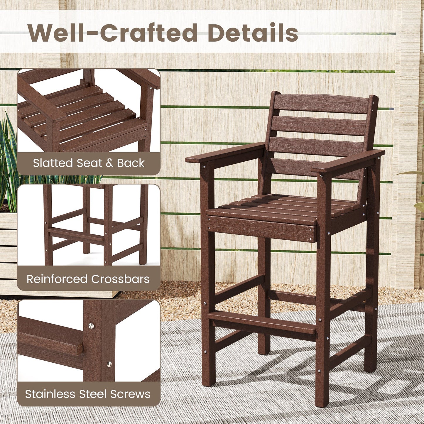 Patio HDPE Adirondack Bar Chairs Set of 2 with Wide Armrests